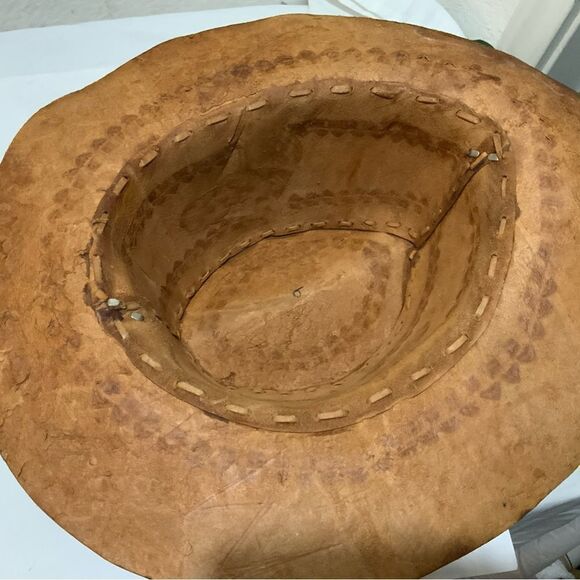 HAND-CRAFTED/TOOLED Cowhide Leather Cowboy/Trail/Riding Hat Horse Head Sz 9 - Picture 7 of 7